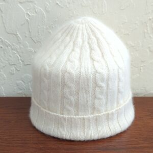 J. Crew Ivory Cashmere Ribbed Cable Knit Fold Over Cuff Beanie One Size